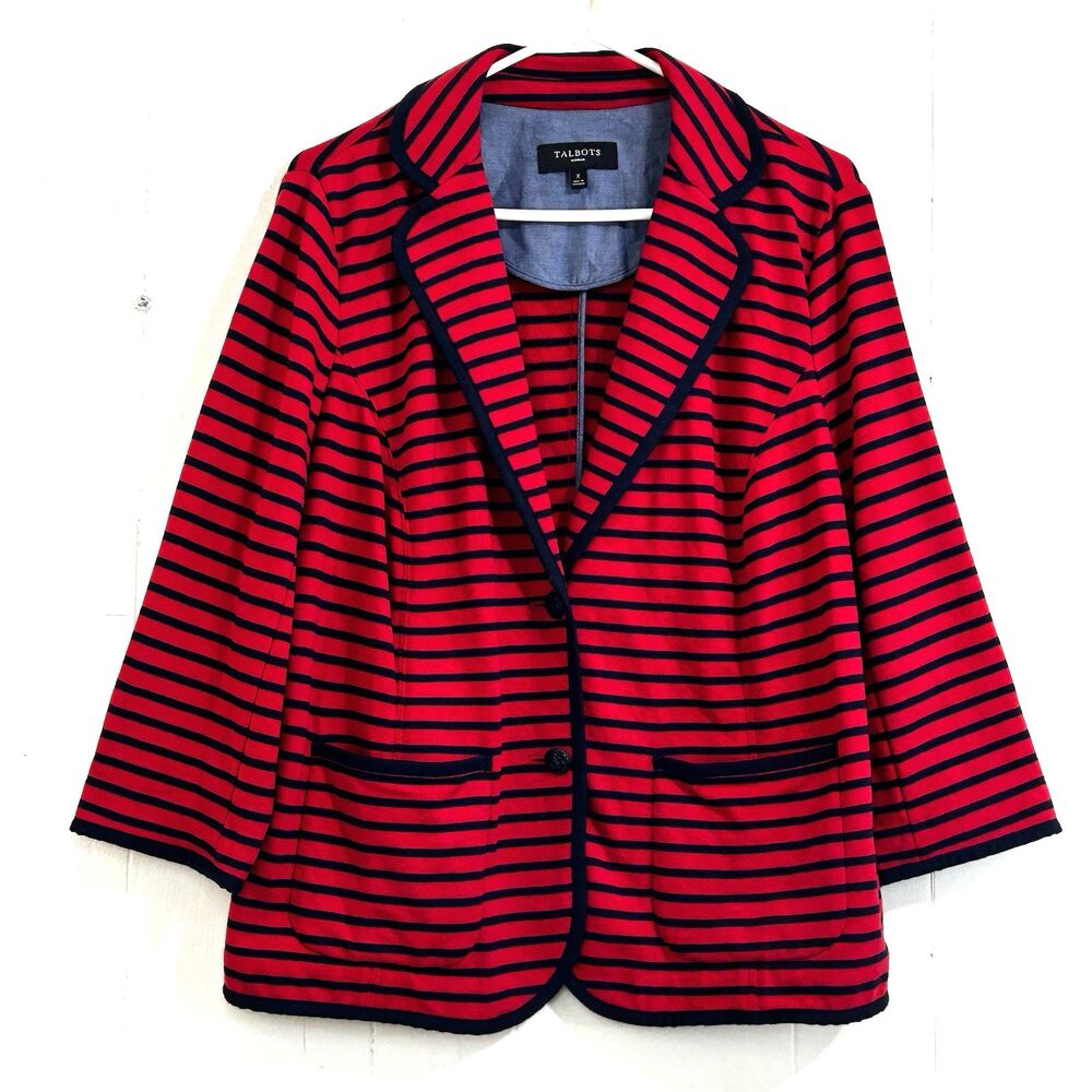 Talbots Women’s Nautical Striped Blazer Size X=14-16 Red Navy Button Closure New